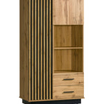 Wood display cabinet with vertical slat door, open shelves, and two drawer fronts