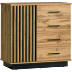 Wood sideboard cabinet with left striped door and four drawers, black bar handles.