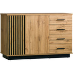 Wooden sideboard with two slatted doors and three drawers, natural oak, black handles
