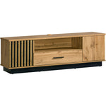 Wood TV cabinet front with one drawer and open shelf compartment, raised base