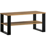Wood coffee table with two tiers, rectangular top, black metal frame, 100 cm width