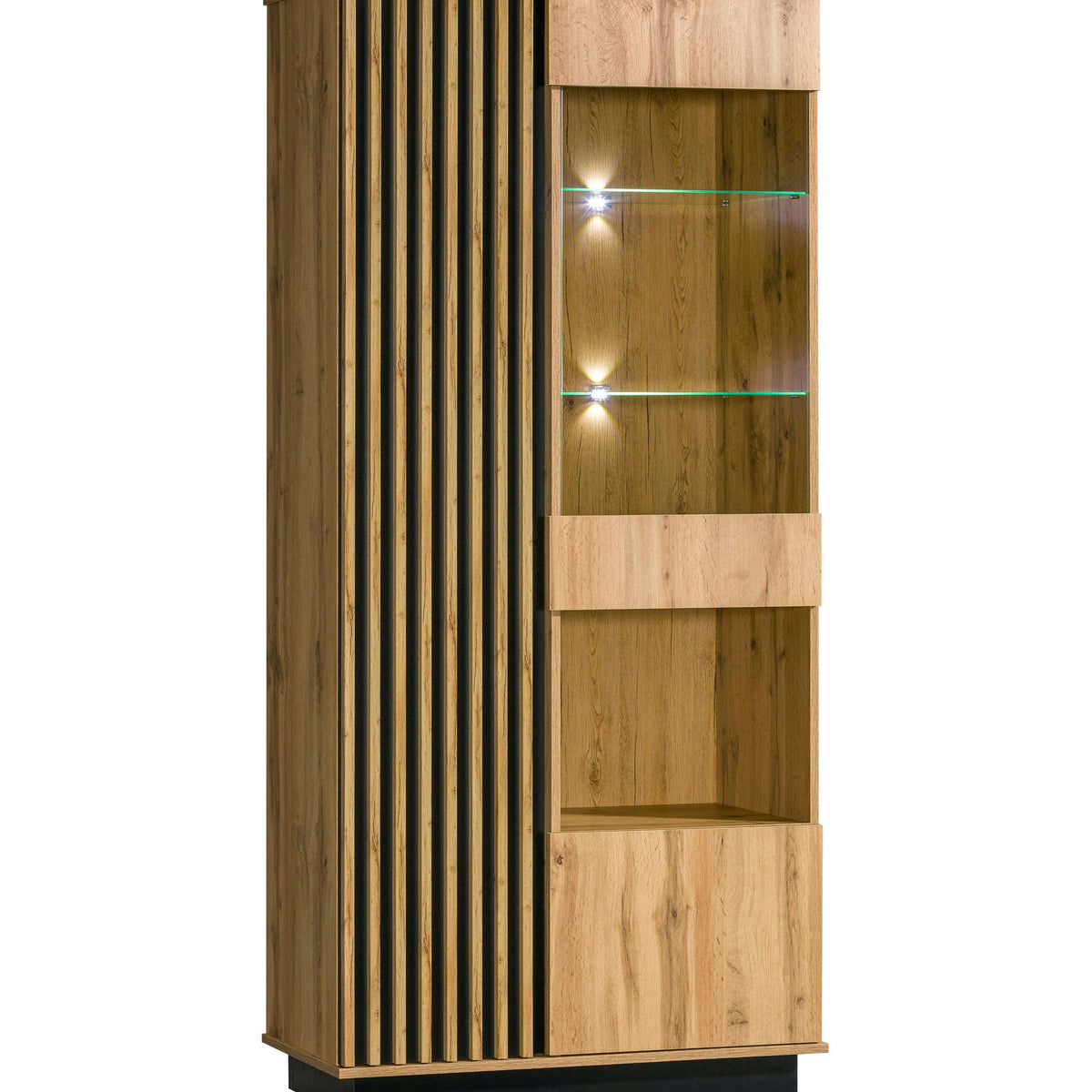 Tall wooden display cabinet with glass door, LED strip and open shelving