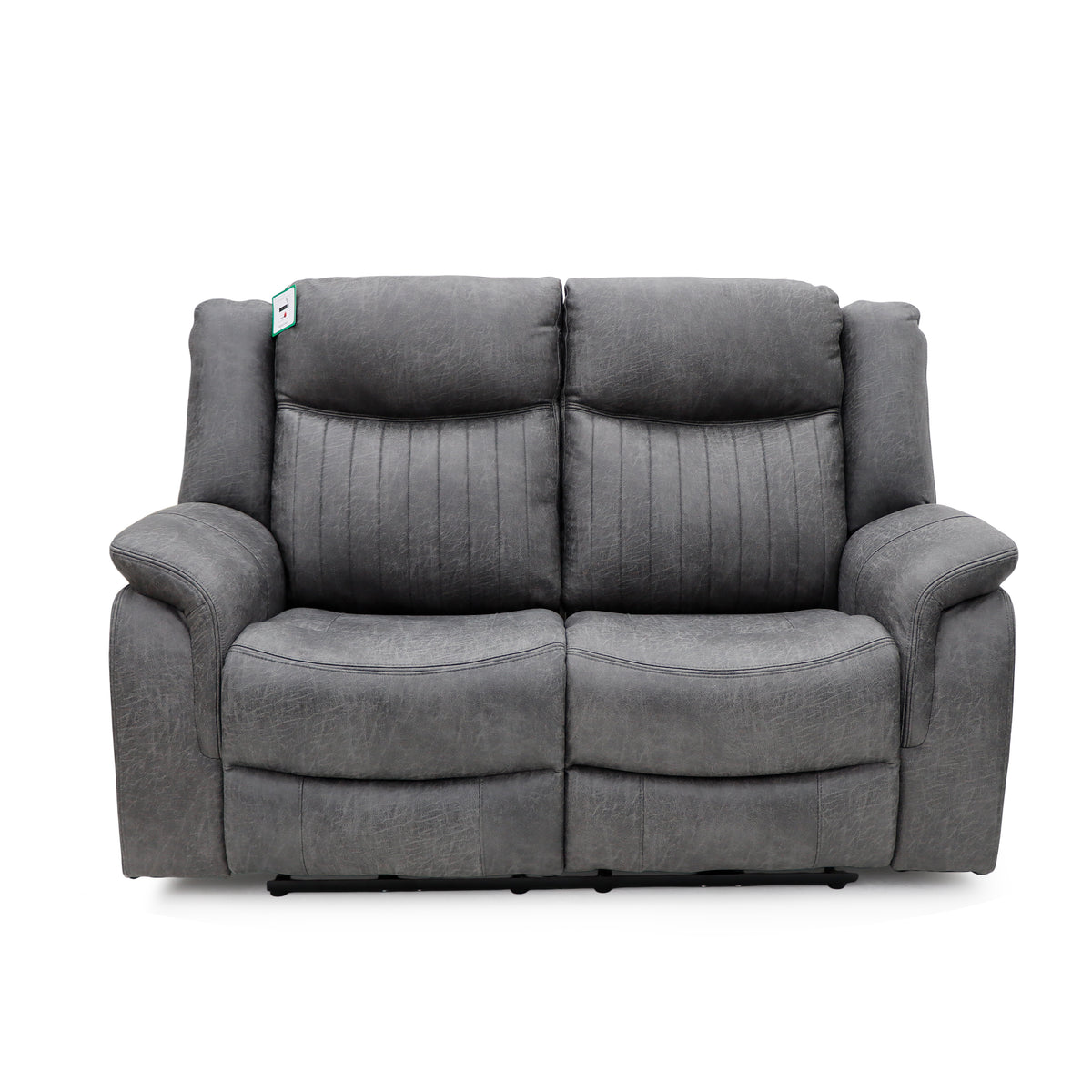 Grey 2-seat recliner sofa with split back cushions and padded armrests