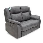 Grey 2-seat recliner sofa with tufted backrest and wide padded arms