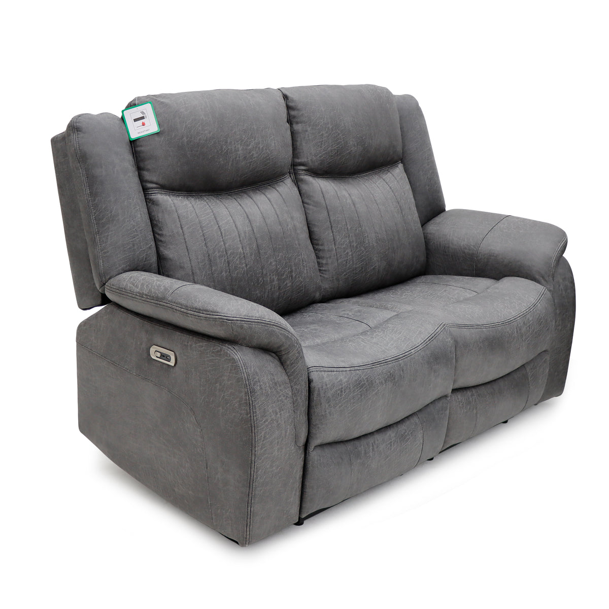 Grey 2-seat recliner sofa with tufted backrest and wide padded arms