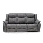 Grey 3-seat recliner sofa with three padded seat sections and tufted back