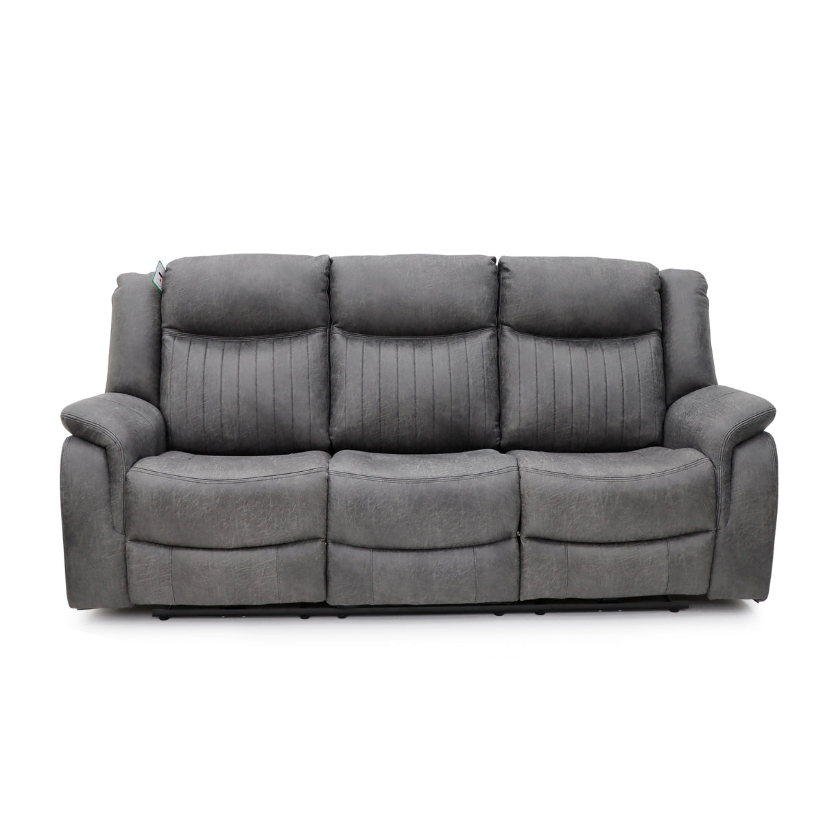 Grey 3-seat recliner sofa with three padded seat sections and tufted back