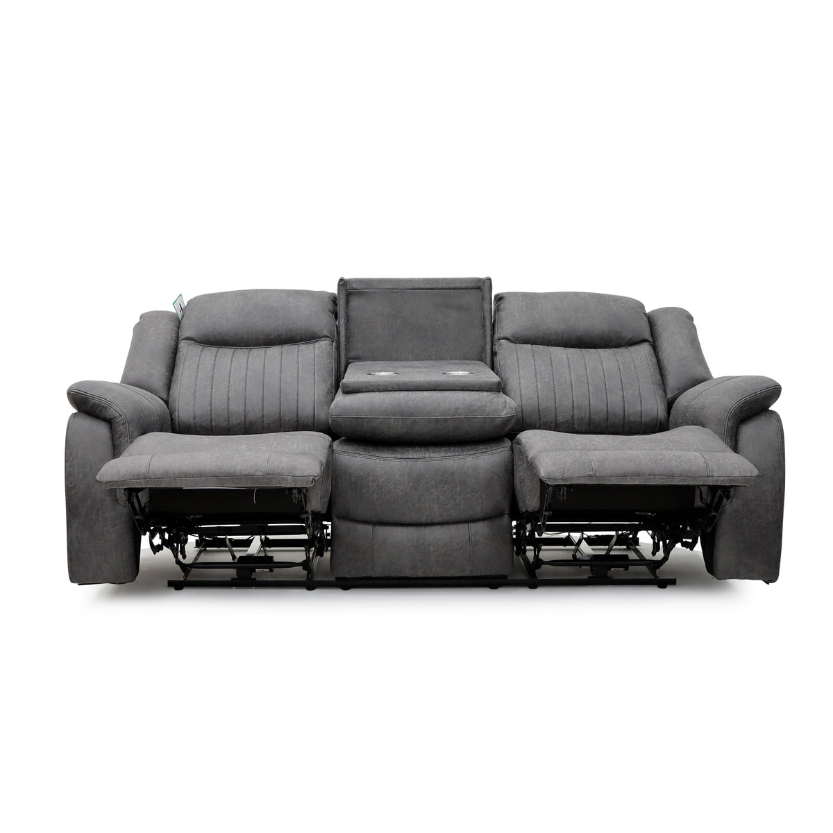 Grey 3-seat recliner sofa with extended footrests and center backrest