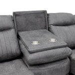 Grey 3-seat recliner sofa with built-in cup holders on center console