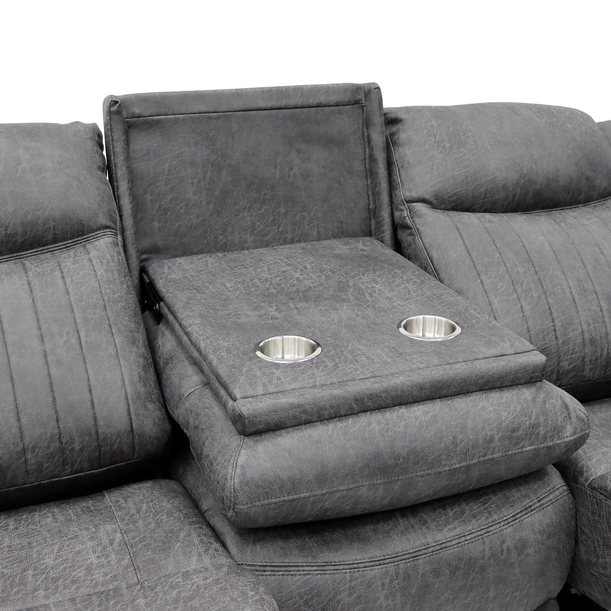Grey 3-seat recliner sofa with built-in cup holders on center console