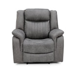 Gray recliner armchair with tufted back, rounded arms, and cushioned base