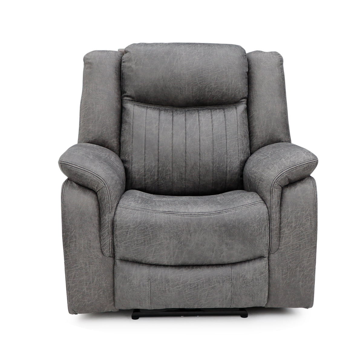 Gray recliner armchair with tufted back, rounded arms, and cushioned base