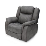 Gray upholstered recliner armchair with padded arms and seat