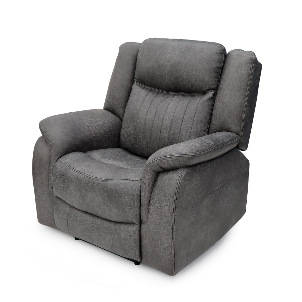 Gray upholstered recliner armchair with padded arms and seat
