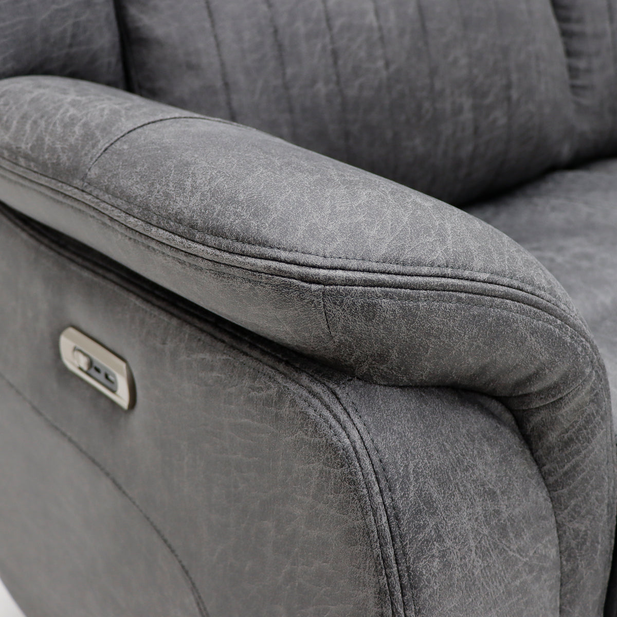 Grey recliner sofa armrest with side control switch panel