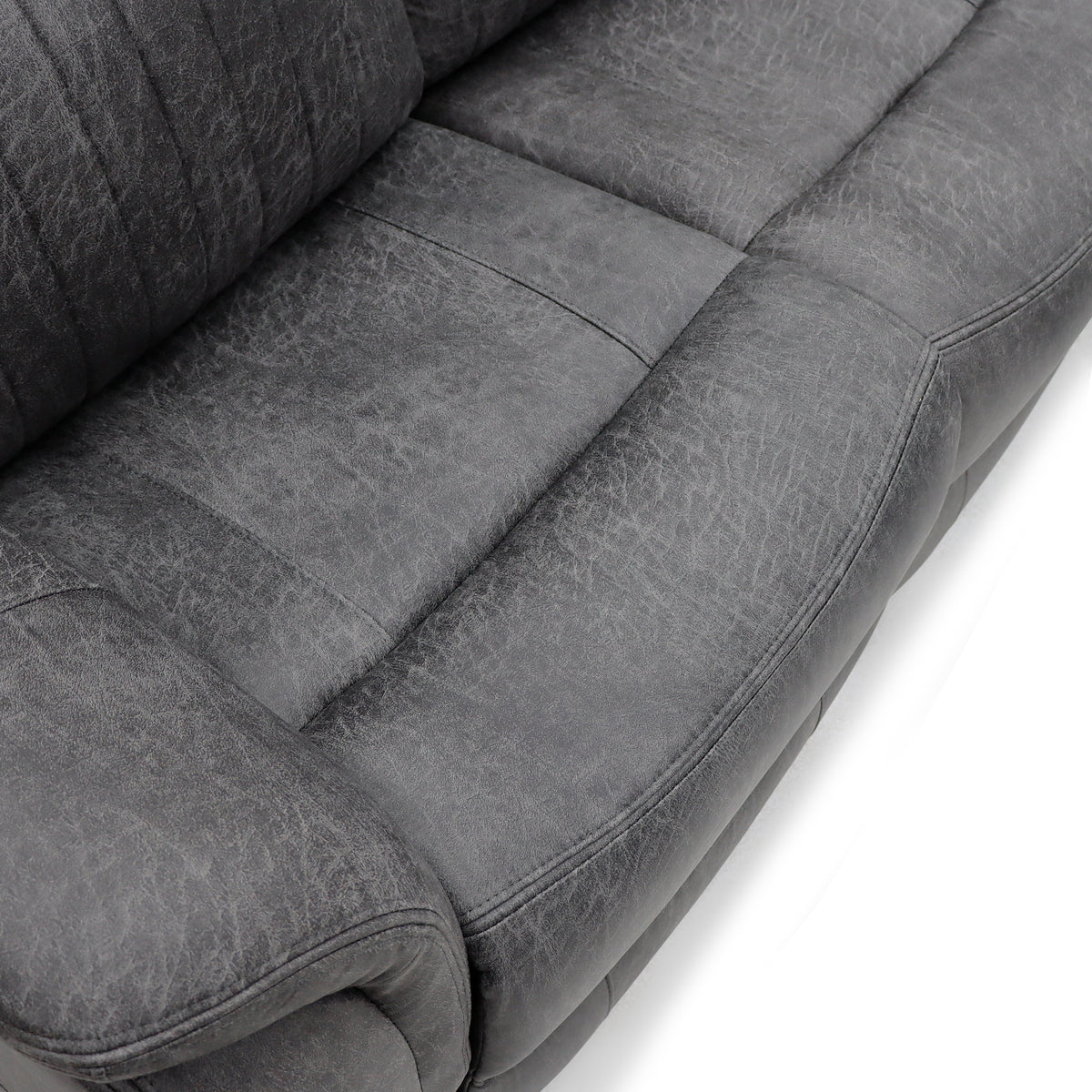 Grey fabric 2-seat recliner sofa, rolled arms and padded seat cushions