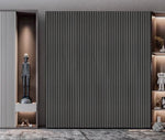 Acoustic wall panel with vertical ridged slats, light-to-medium grey
