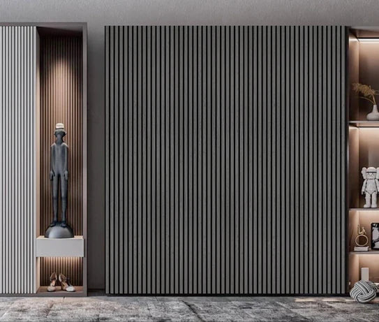 Acoustic wall panel with vertical ridged slats, light-to-medium grey