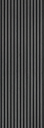 Close-up acoustic wall panel with vertical blackish-grey slats