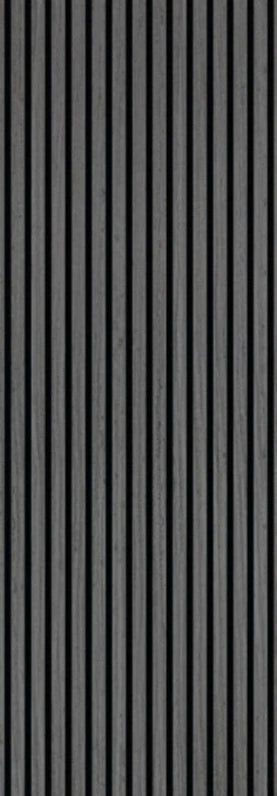 Close-up acoustic wall panel with vertical blackish-grey slats