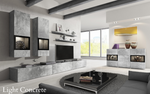 Concrete grey sideboard with black-framed panels and three-door storage layout