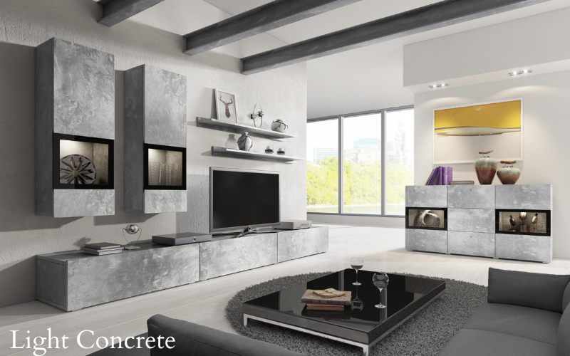 Concrete grey sideboard with black-framed panels and three-door storage layout