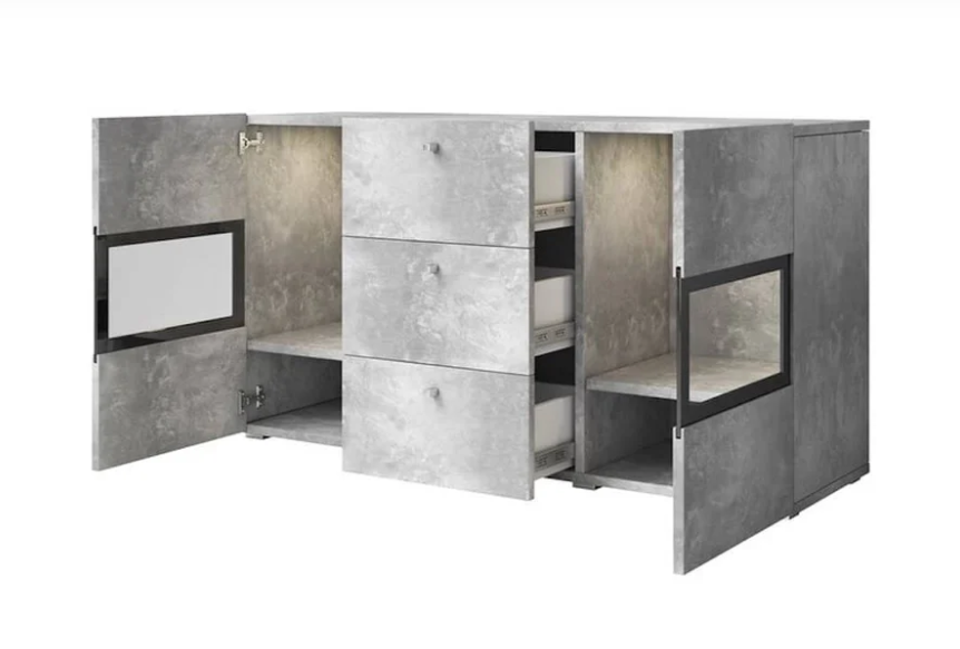Concrete grey sideboard with open doors and interior shelving, black inset panels