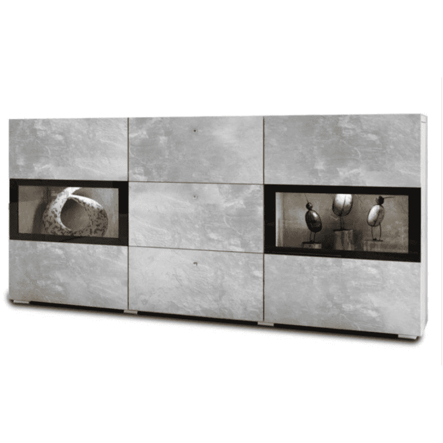 Concrete grey sideboard with three doors and black-framed display panels, open cubbies