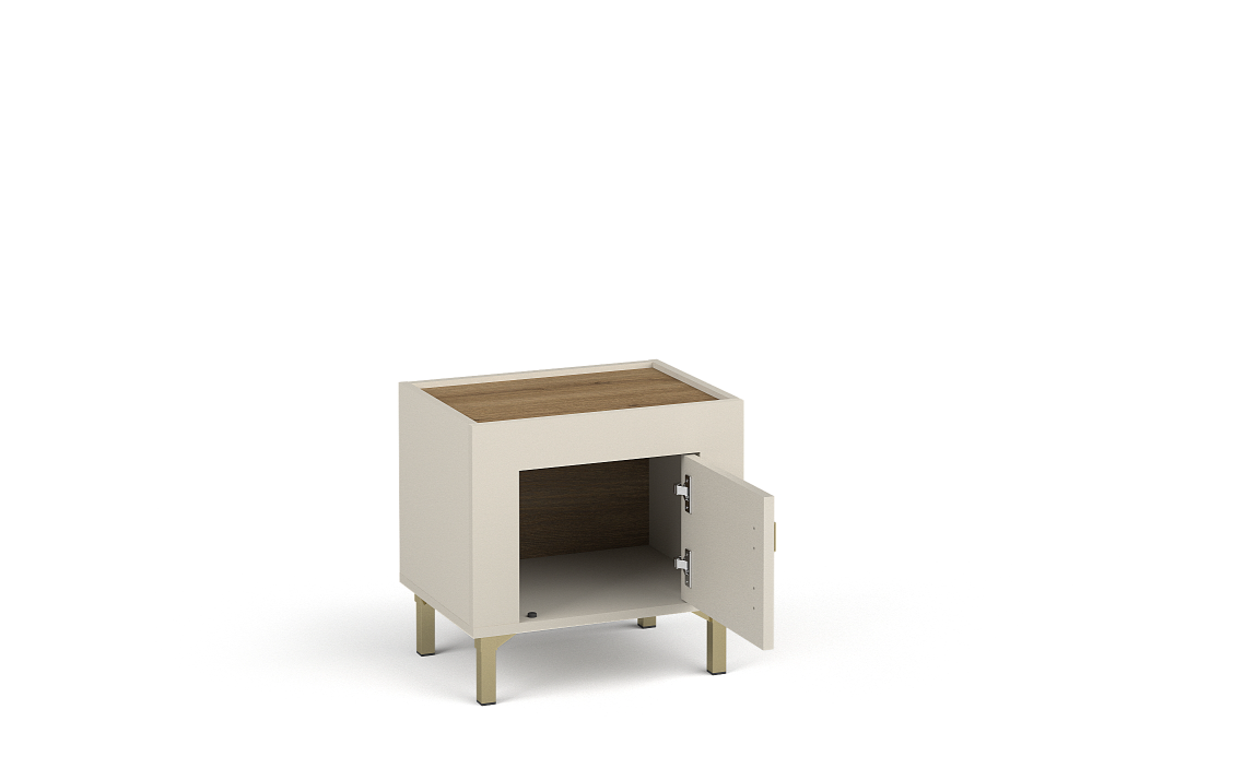 Cashmere bedside table with door open, revealing interior shelf and gold-tone handle