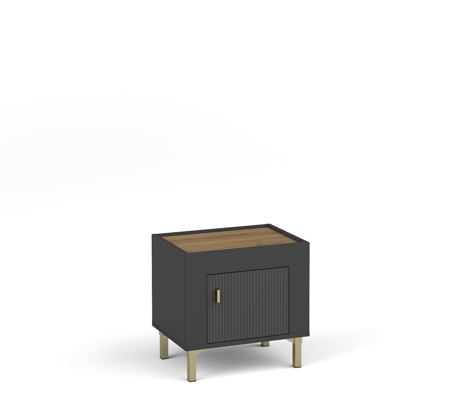 Black bedside table with single door, vertical ridges, and gold-tone handle