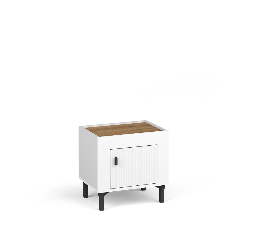 White bedside table with single door and gold-tone handle