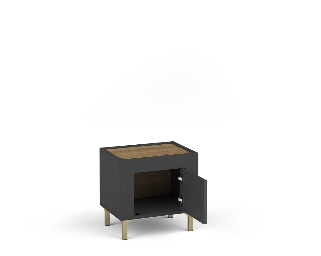 Black bedside table with door open, showing interior shelf and gold-tone handle