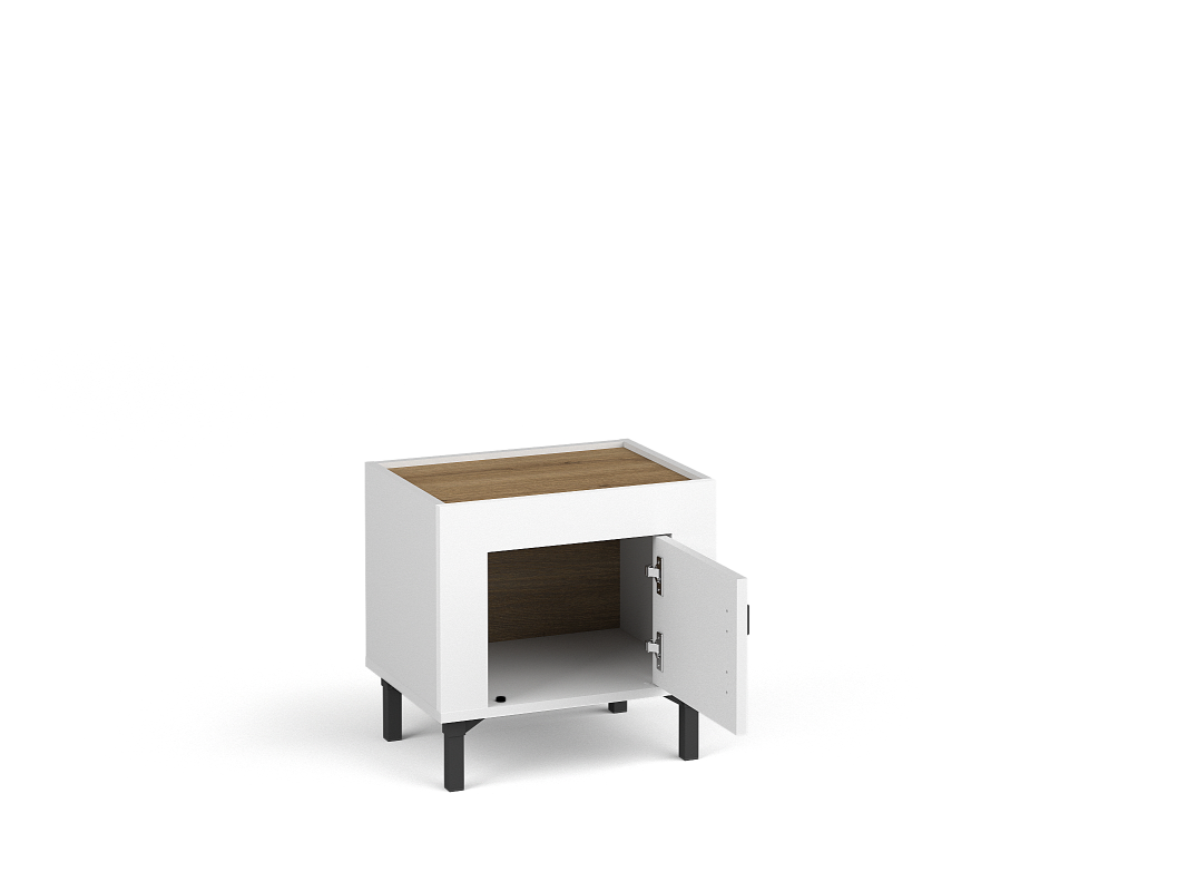White bedside table with door open, showing interior shelf and gold-tone handle