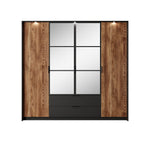 Wood wardrobe with black-framed mirrored panels and two-door cabinet with drawers