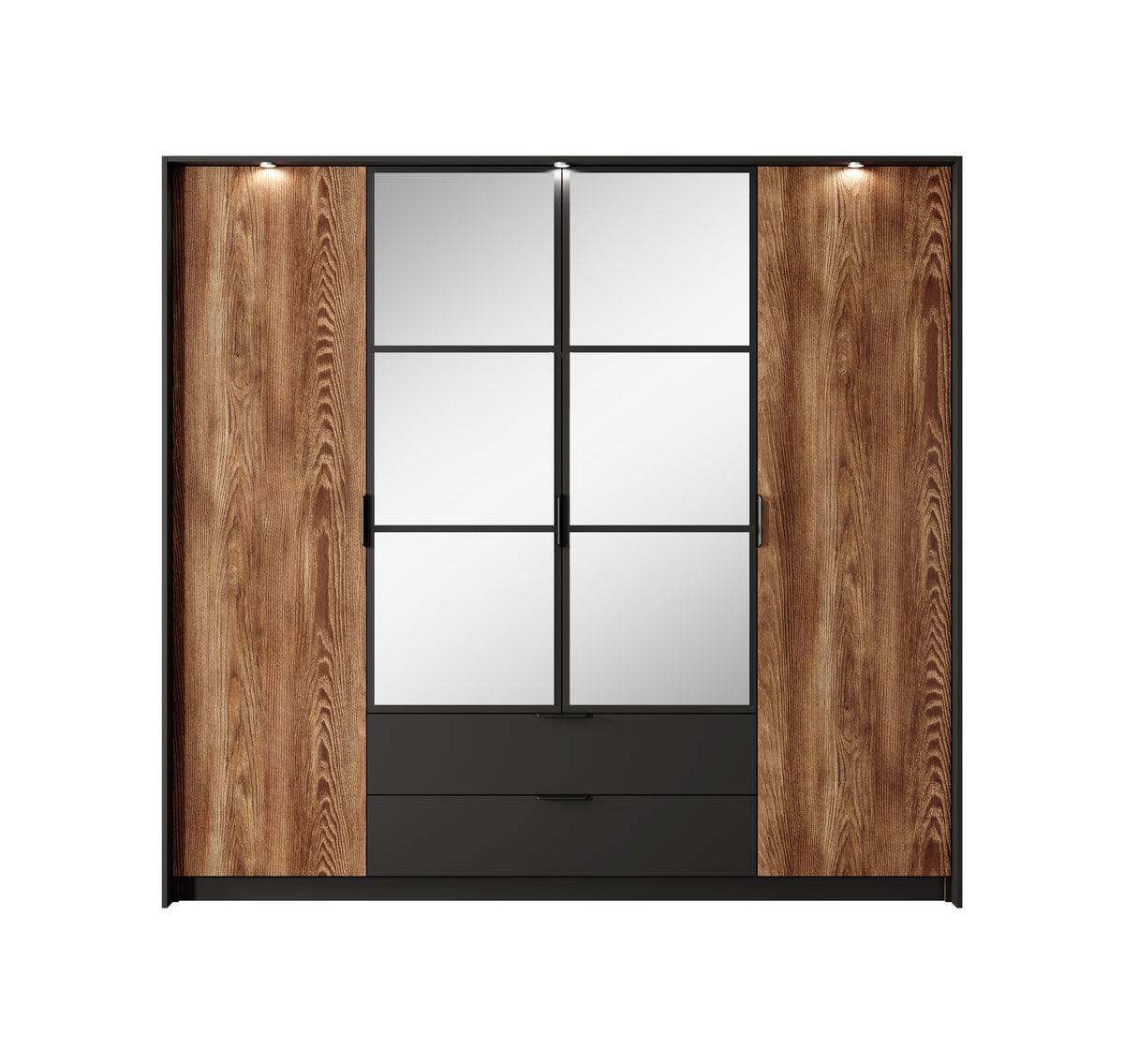 Wood wardrobe with black-framed mirrored panels and two-door cabinet with drawers