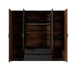 Open wood wardrobe with dark interior, hanging space, shelves, and center drawer