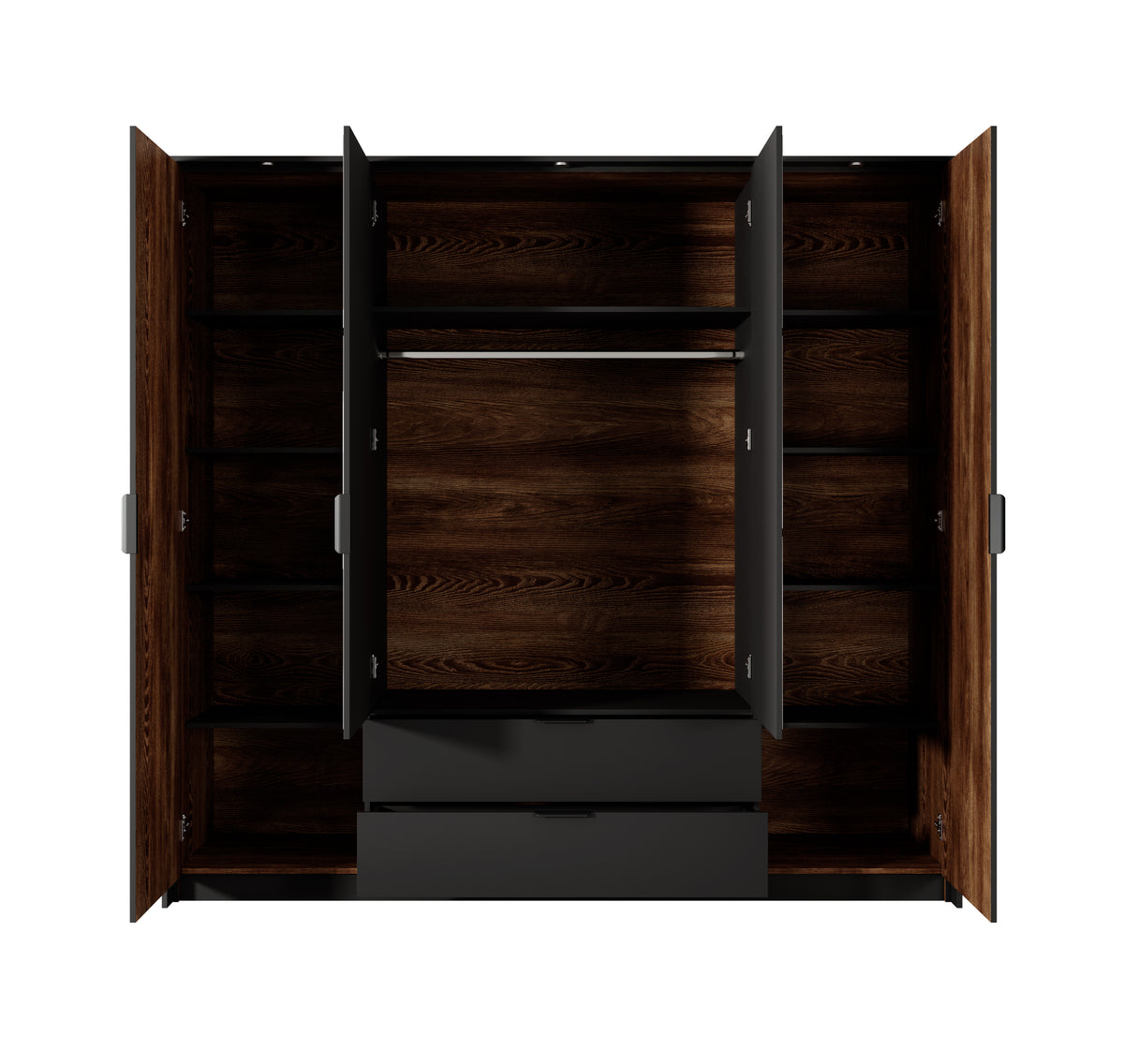 Open wood wardrobe with dark interior, hanging space, shelves, and center drawer