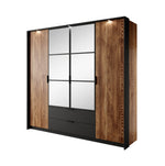 Wood wardrobe with black frame mirror panels and two-door cabinet with drawers