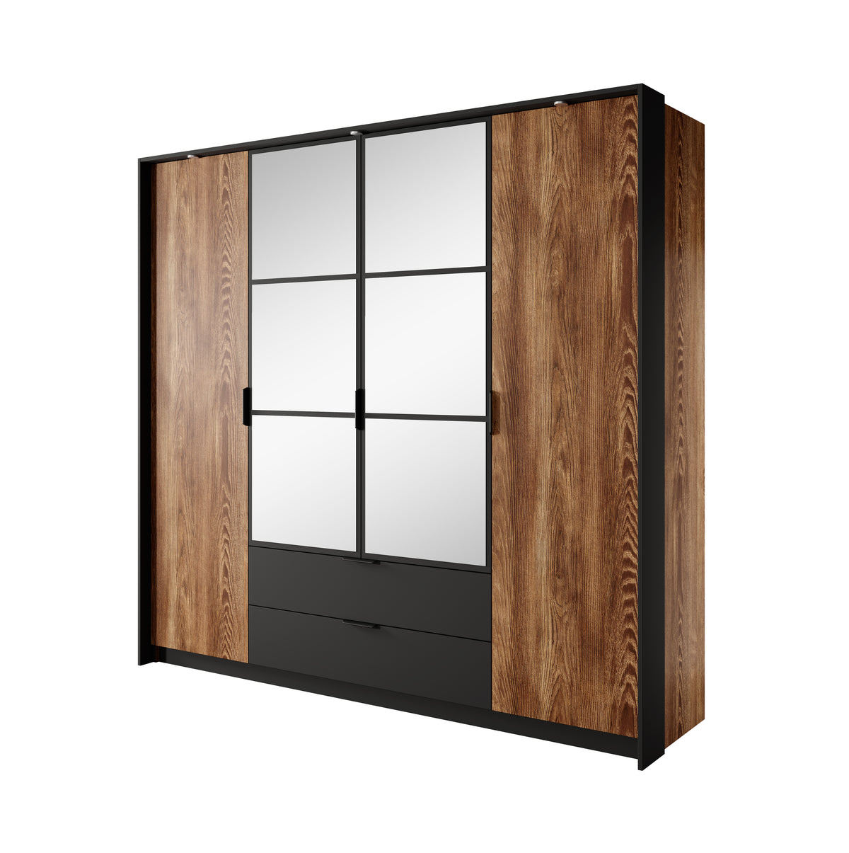 Wood wardrobe with black-framed mirrored door panels and two slim drawers
