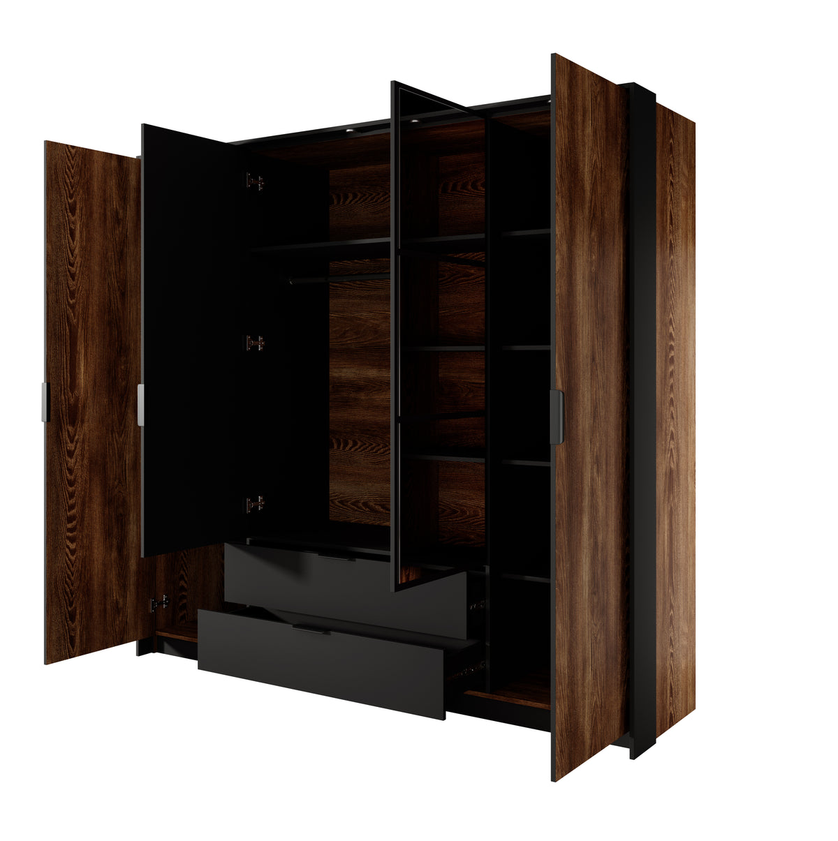 Corner view of open wardrobe with dark lining, shelves, and large center drawer