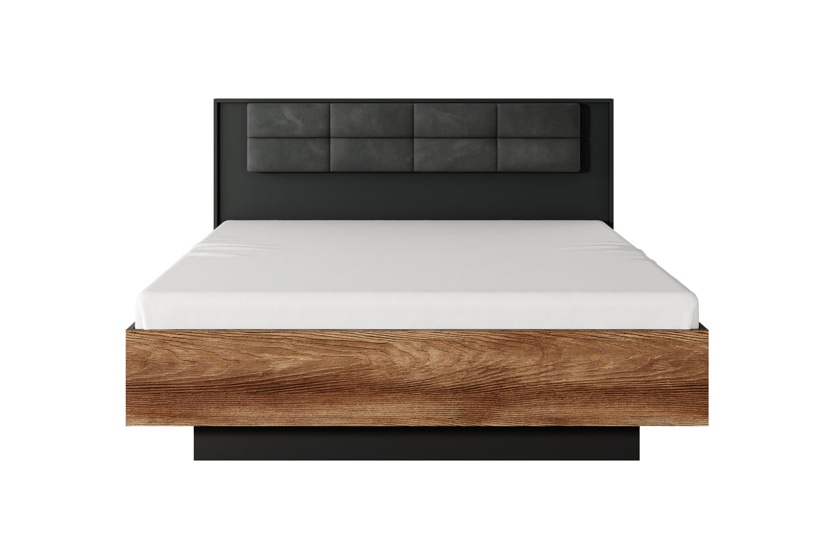 Upholstered king ottoman storage bed with dark gray headboard and wood base, closed