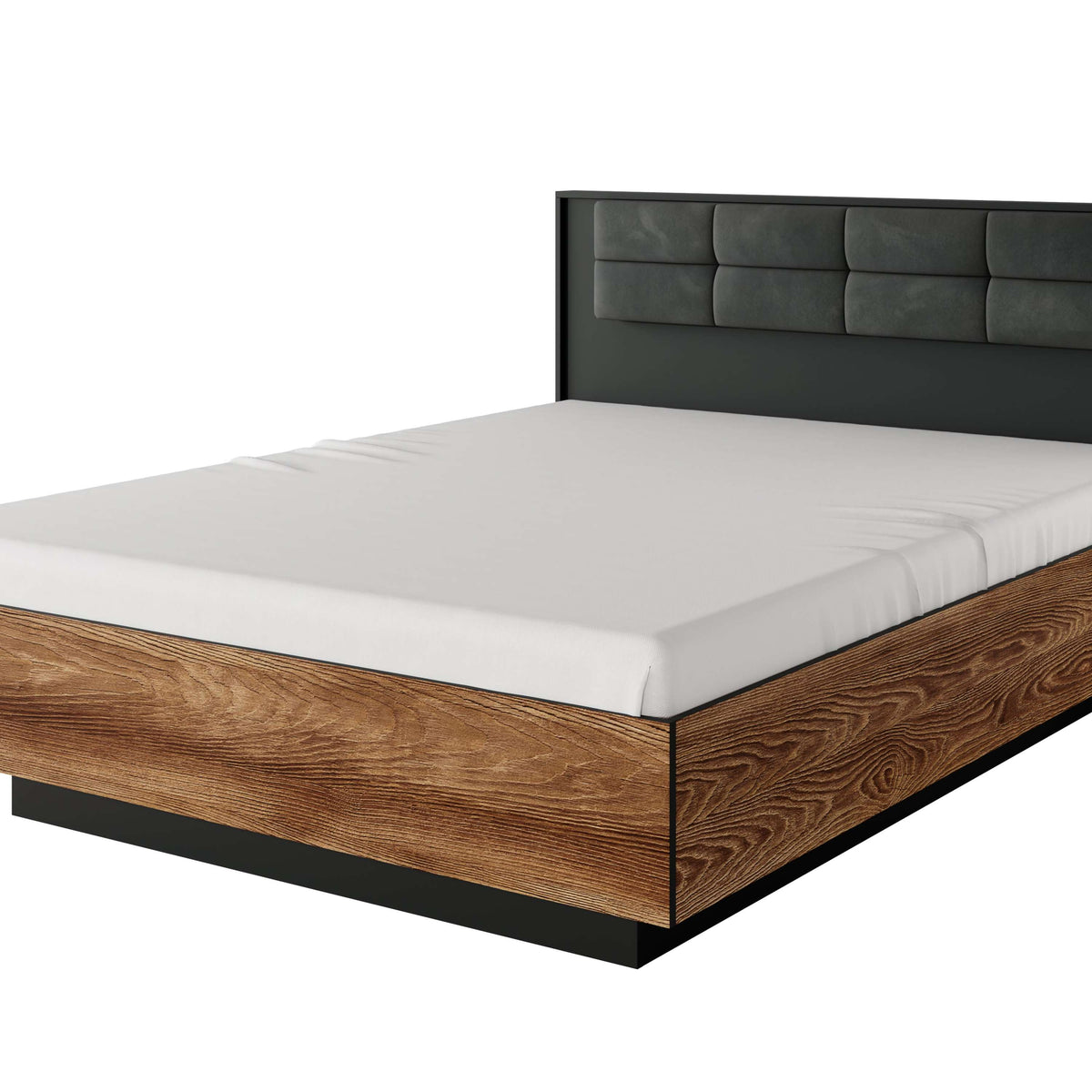 King ottoman storage bed with dark gray upholstered headboard and wood side panels, closed
