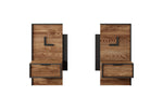 Walnut-finish bedside table with drawer and open shelf, black side panels, brass L detail