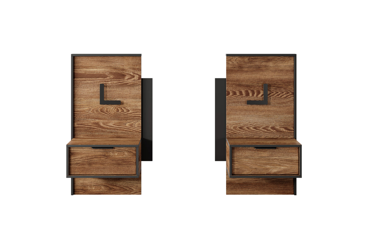 Walnut-finish bedside table with drawer and open shelf, black side panels, brass L detail