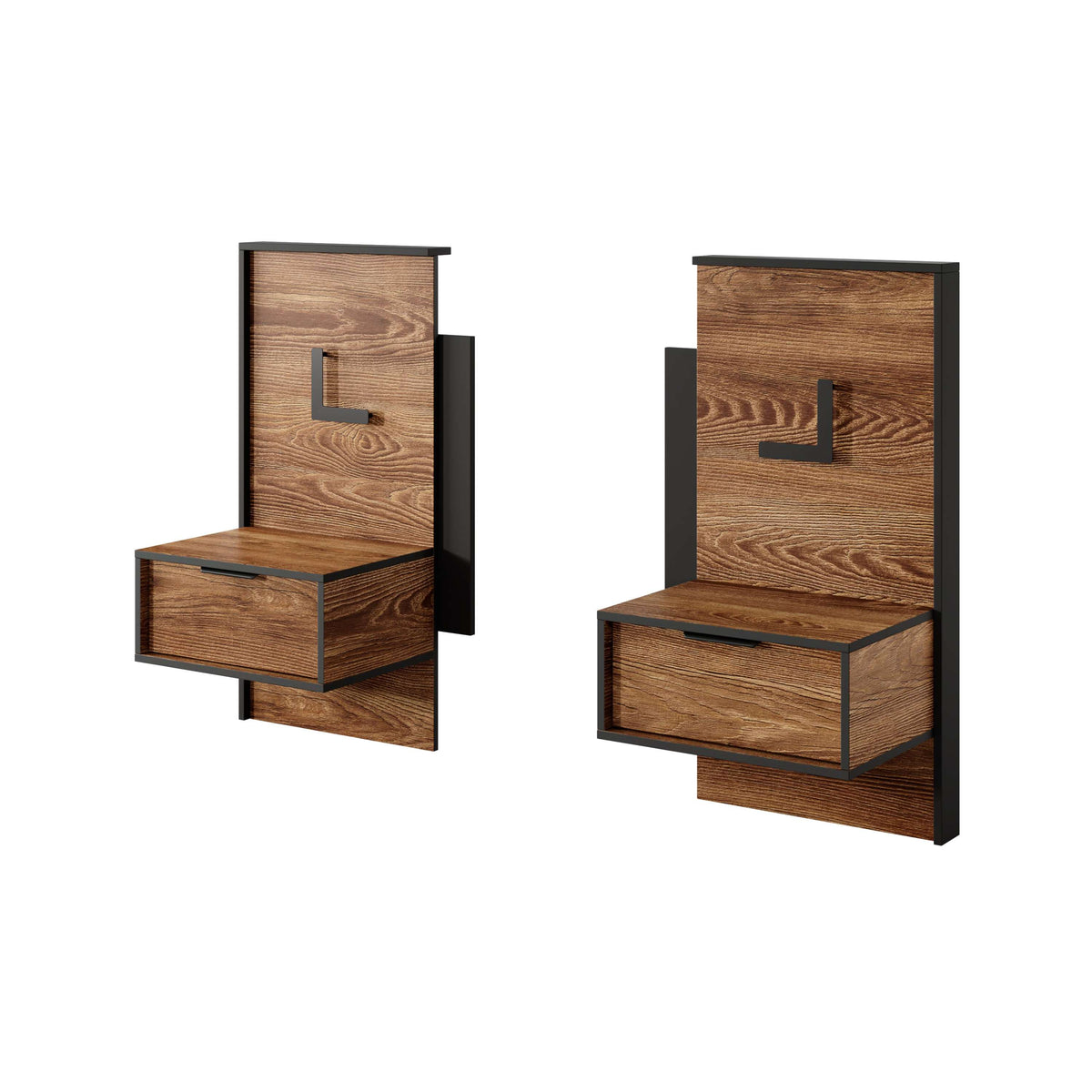 Walnut-finish bedside table with drawer and top storage, black side frame, brass L detail