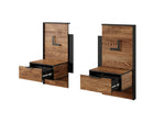 Walnut bedside table with drawer and open shelf, black side frame, brass L-shaped pull