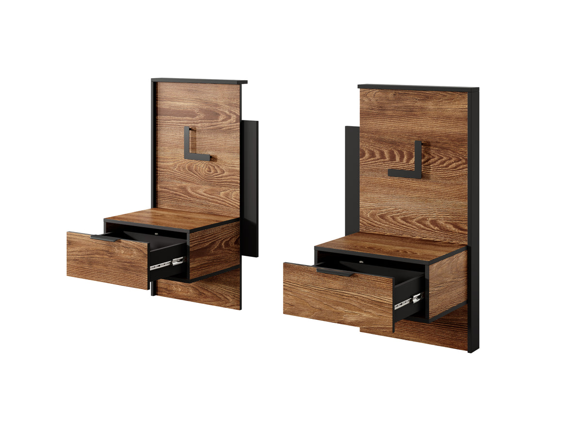 Walnut bedside table with drawer and open shelf, black side frame, brass L-shaped pull