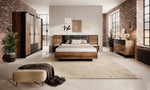 Walnut bedside tables with drawers, open shelves, black frames, brass L accent lights