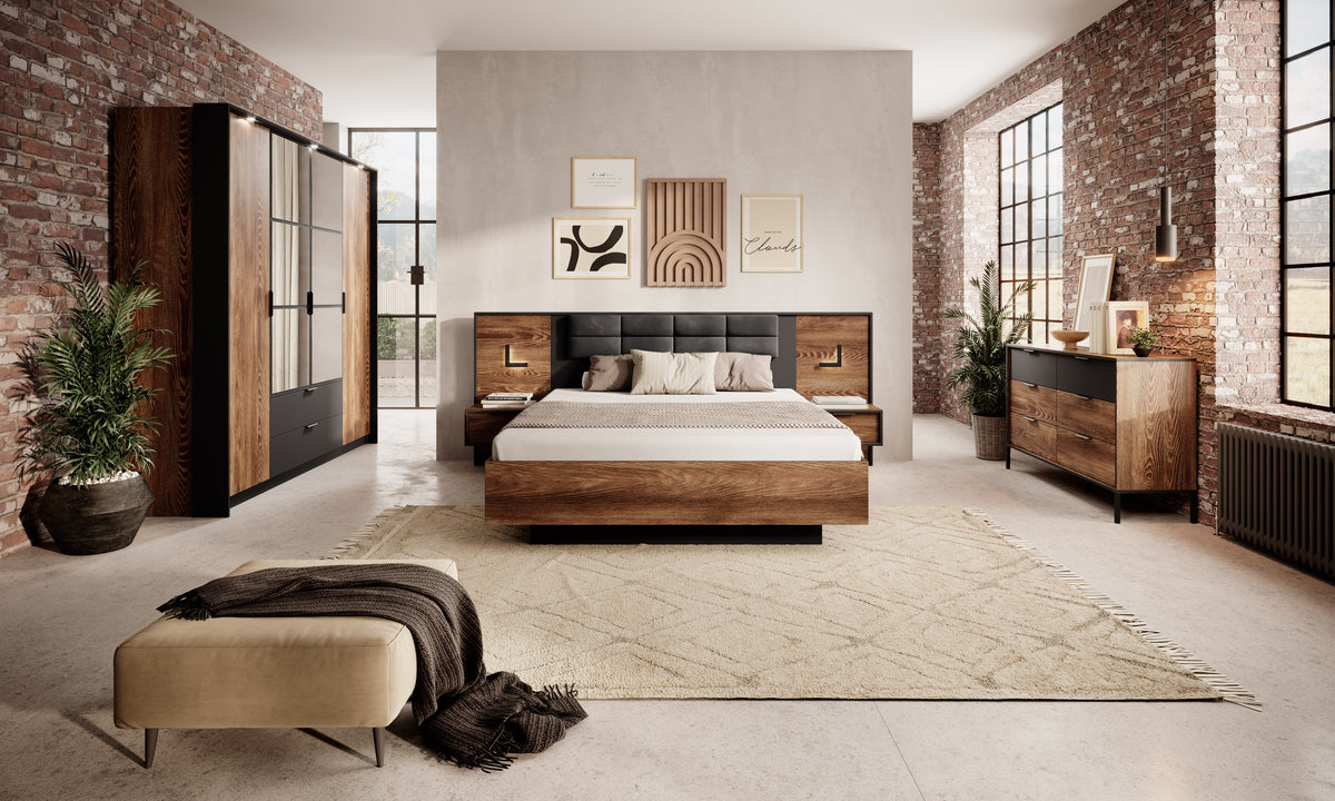 Walnut bedside tables with drawers, open shelves, black frames, brass L accent lights