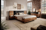 Walnut bedside table with drawer and open shelf, black frame, brass L accent lights